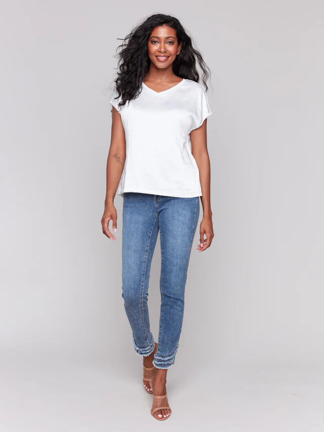 FINAL SALE Charlie B Organic Satin V-Neck Knit Top - Natural