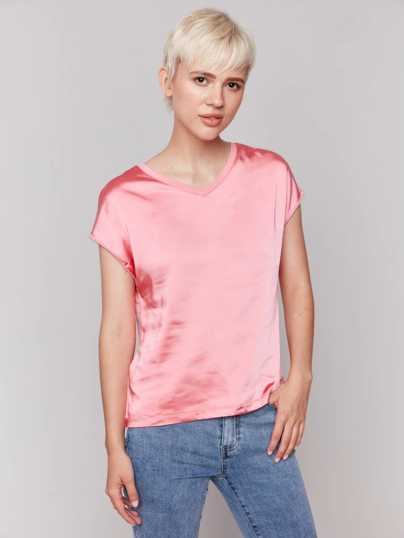 Charlie B Organic Satin V-Neck Knit Top - Watermelon
