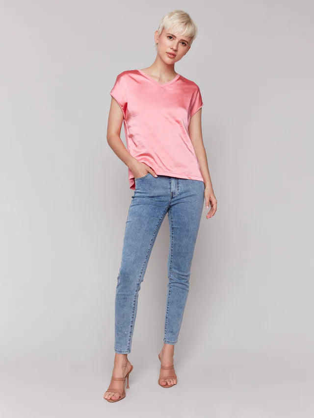 Charlie B Organic Satin V-Neck Knit Top - Watermelon