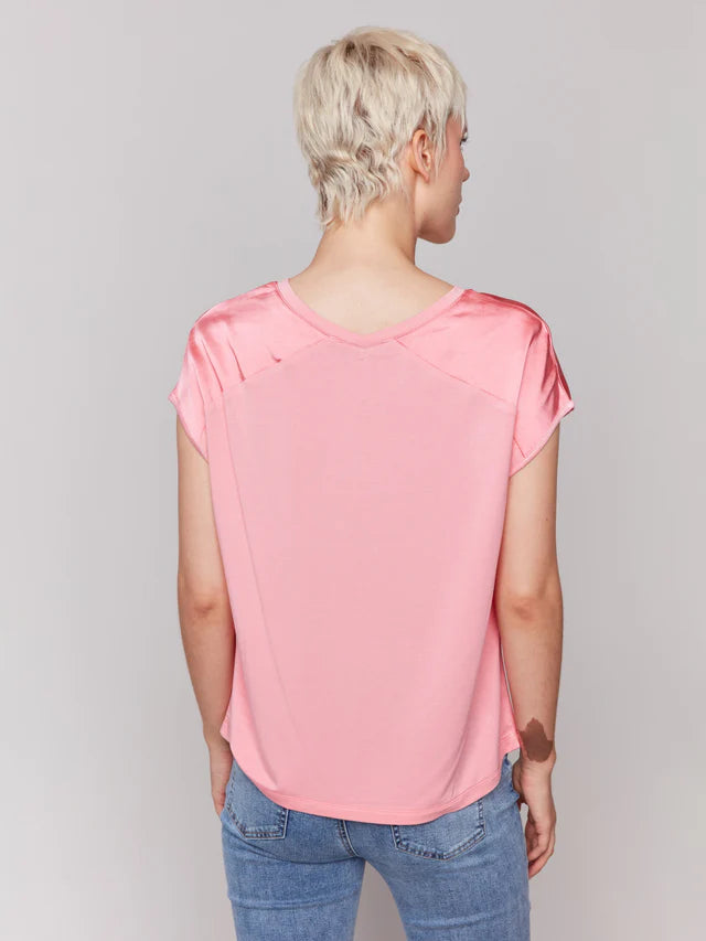 Charlie B Organic Satin V-Neck Knit Top - Watermelon