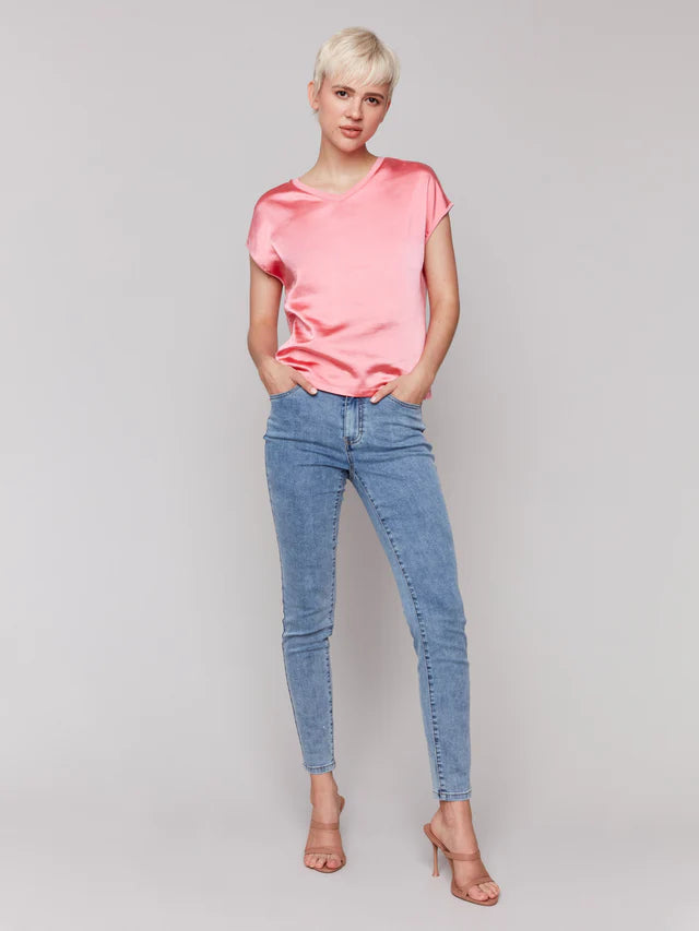 Charlie B Organic Satin V-Neck Knit Top - Watermelon