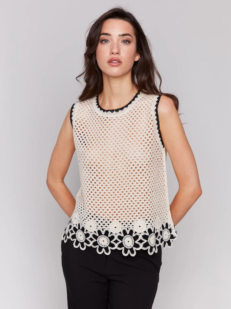 Charlie B Sleeveless Floral Border Crochet Top - Natural