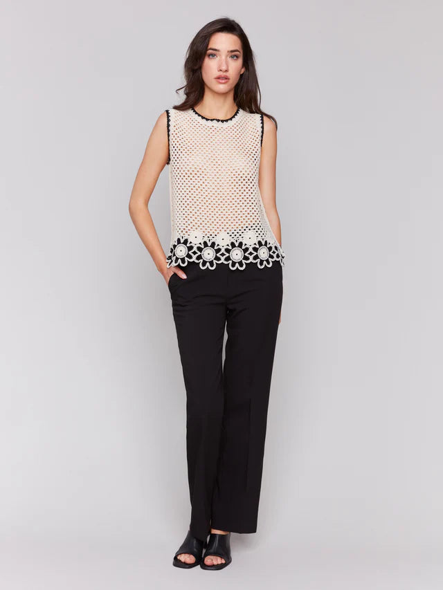 Charlie B Sleeveless Floral Border Crochet Top - Natural