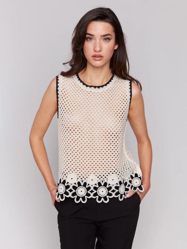 Charlie B Sleeveless Floral Border Crochet Top - Natural