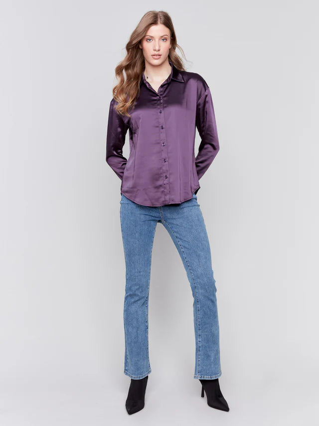 FINAL SALE Charlie B. Solid Gutsy Satin Button-Down Shirt - Plum C4489R