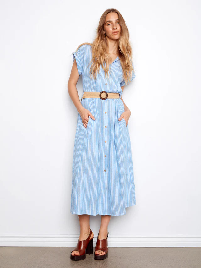 Charlie B Striped Linen Blend Maxi Dress With Belt - Bluebell