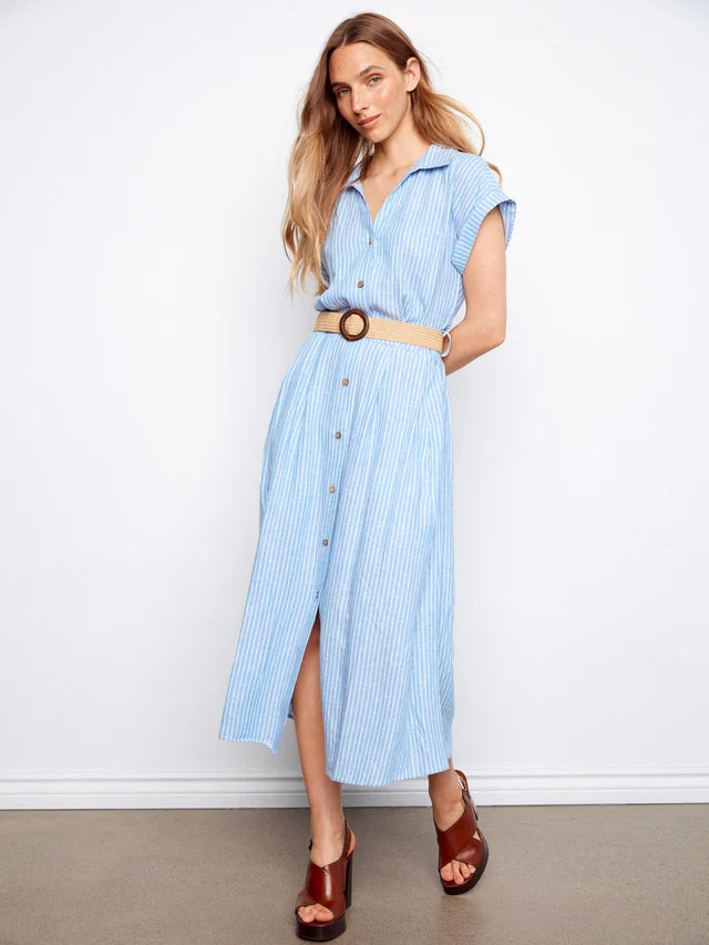 Charlie B Striped Linen Blend Maxi Dress With Belt - Bluebell