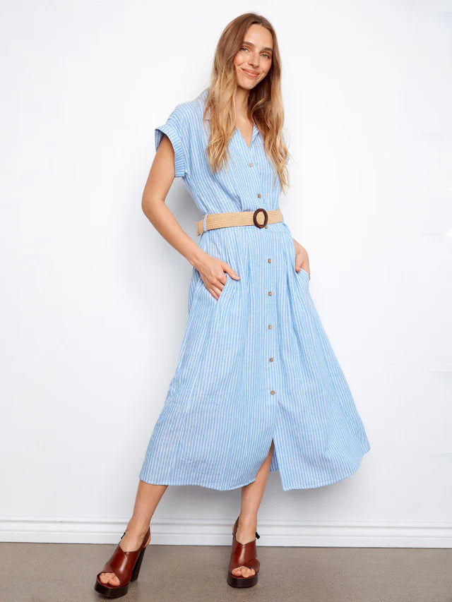Charlie B Striped Linen Blend Maxi Dress With Belt - Bluebell
