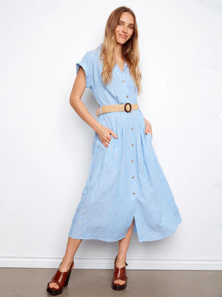 Charlie B Striped Linen Blend Maxi Dress With Belt - Bluebell