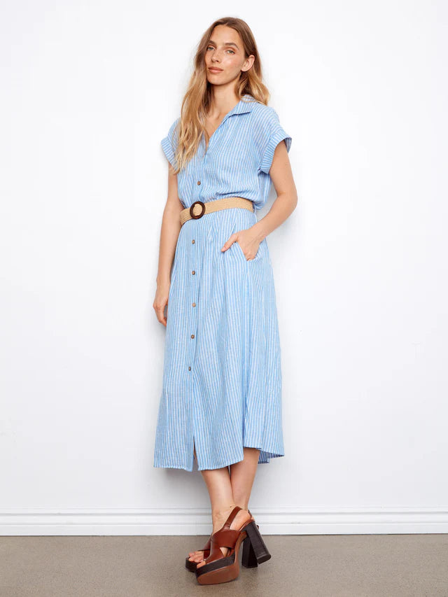 Charlie B Striped Linen Blend Maxi Dress With Belt - Bluebell