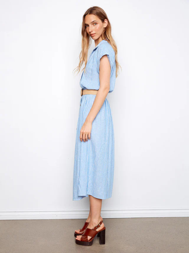 Charlie B Striped Linen Blend Maxi Dress With Belt - Bluebell