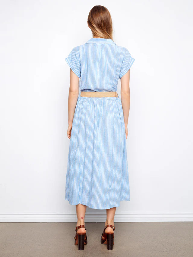 Charlie B Striped Linen Blend Maxi Dress With Belt - Bluebell