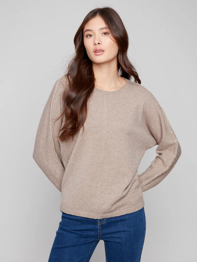 Charlie B Sweater With Metallic Sleeve Detail - Heather Taupe