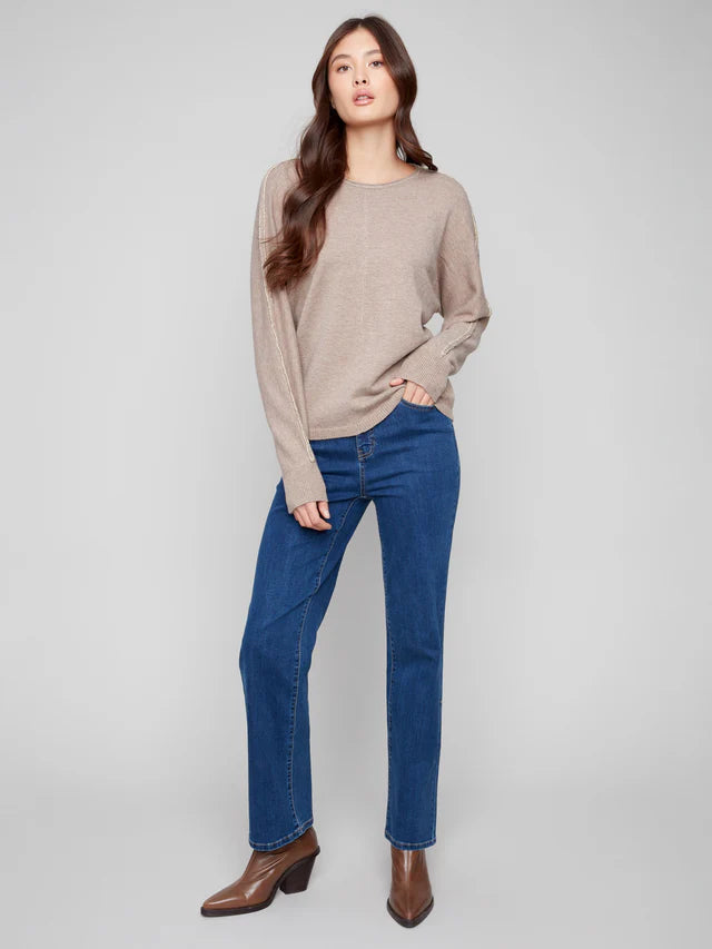 Charlie B Sweater With Metallic Sleeve Detail - Heather Taupe