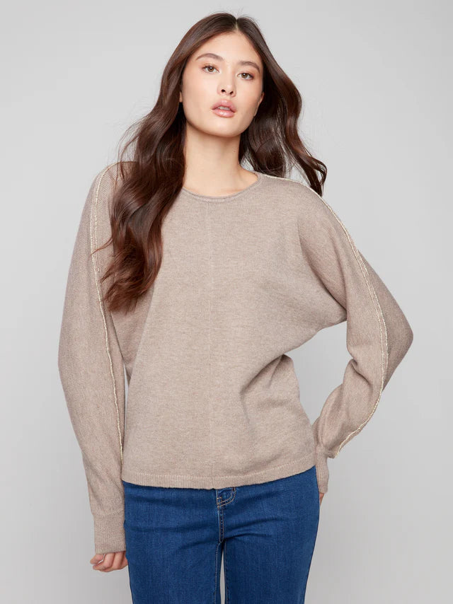 Charlie B Sweater With Metallic Sleeve Detail - Heather Taupe