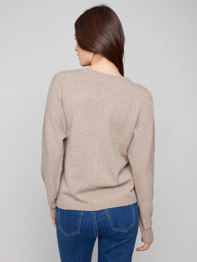 Charlie B Sweater With Metallic Sleeve Detail - Heather Taupe