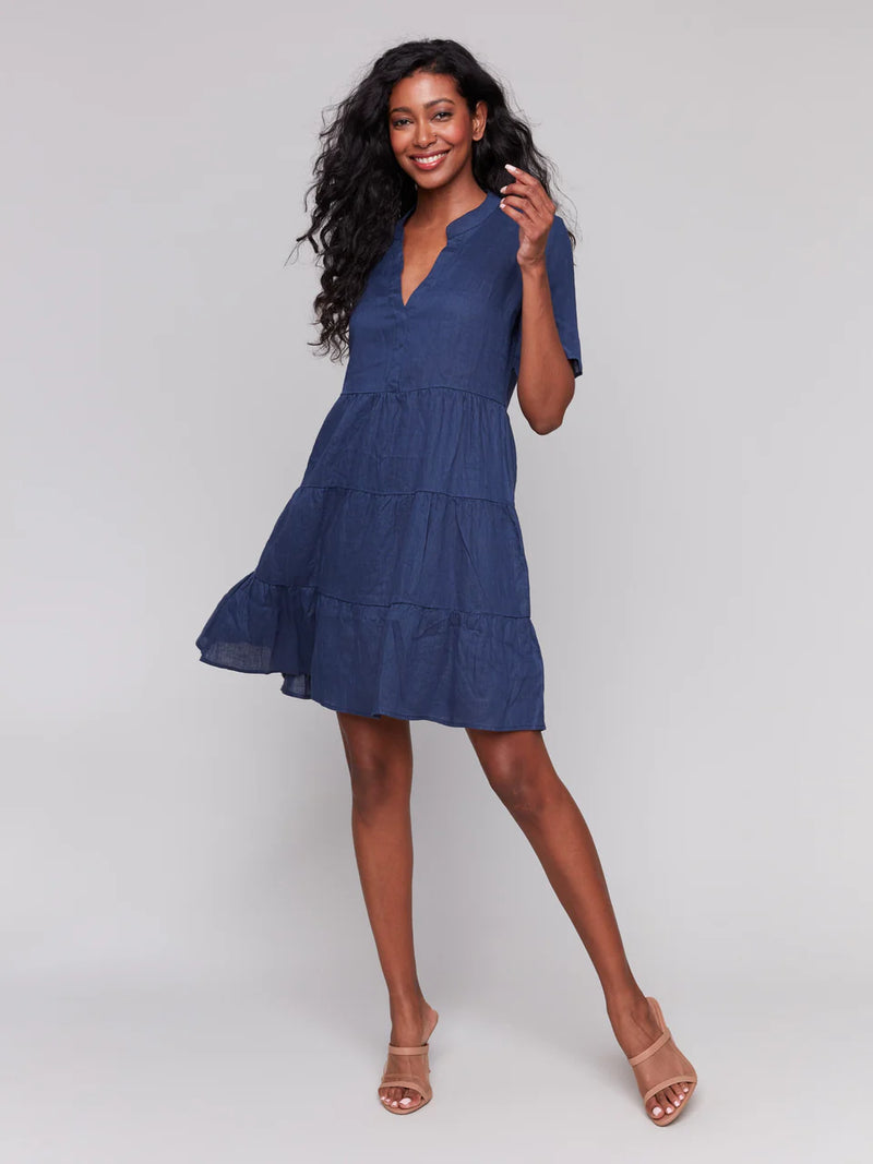 Charlie B Tiered Linen Blend Dress - Navy