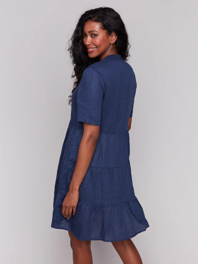 Charlie B Tiered Linen Blend Dress - Navy