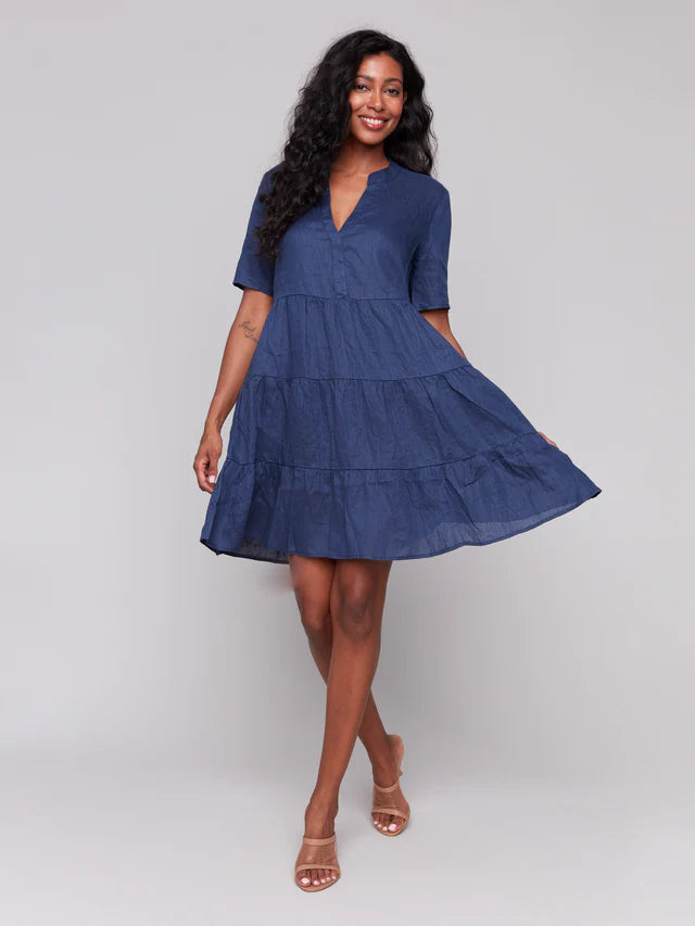 Charlie B Tiered Linen Blend Dress - Navy