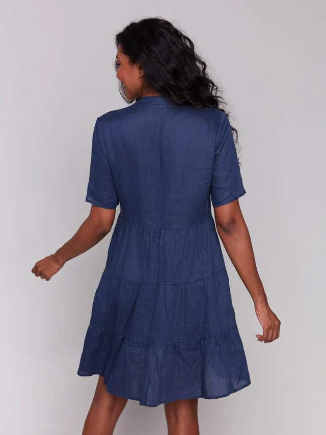 Charlie B Tiered Linen Blend Dress - Navy