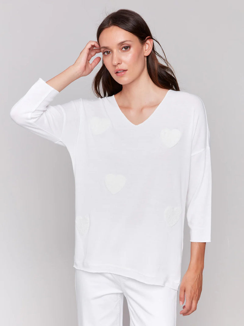 Charlie B V-Neck Knit Top With Heart Appliqué - White