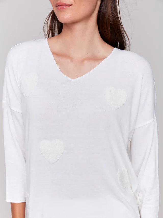 Charlie B V-Neck Knit Top With Heart Appliqué - White