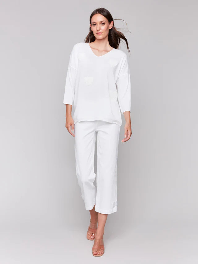 Charlie B V-Neck Knit Top With Heart Appliqué - White