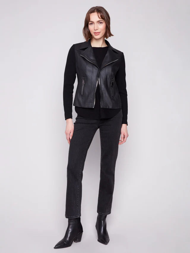 Charlie B Vintage Metallic Faux Leather And Rib Knit Jacket - Black