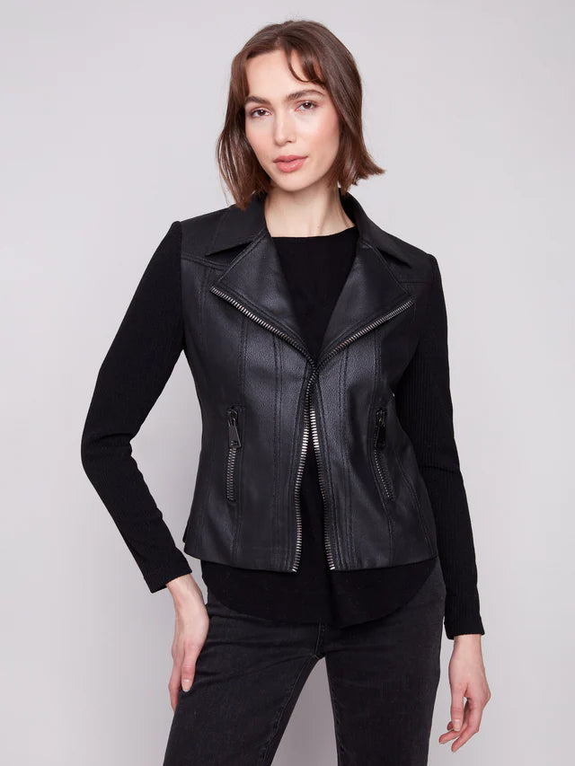 Charlie B Vintage Metallic Faux Leather And Rib Knit Jacket - Black