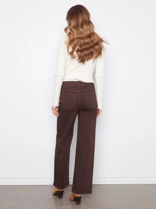 Charlie B Wide Leg Twill Pants With Floral Embroidery - Coffee