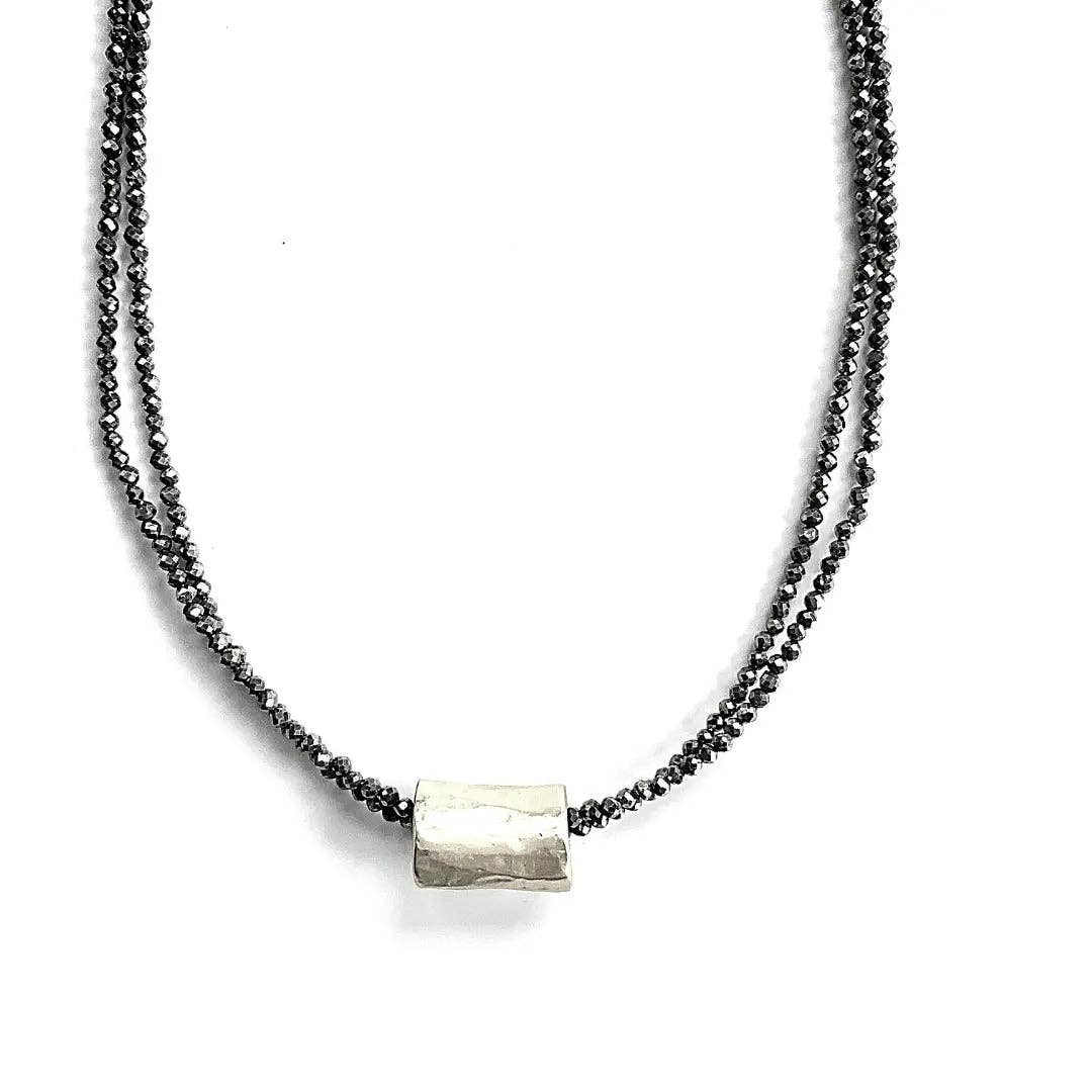Erin Gray Silver Barrel on Double Pyrite Beaded Necklace