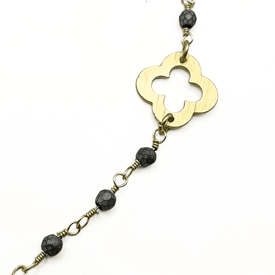 Erin Gray Gold Clover and Petite Matte Gray Beaded Long Necklace