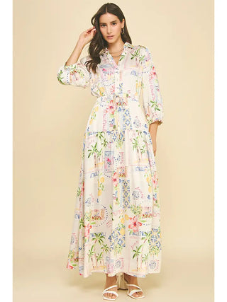 Print Button Down Maxi Dress - Cream Multi
