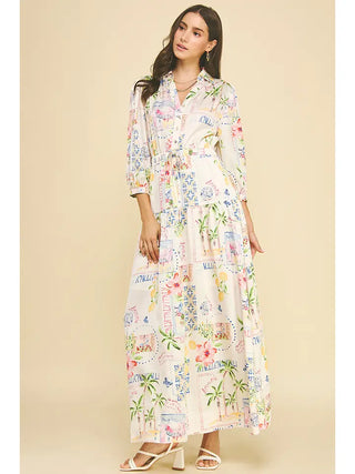 Print Button Down Maxi Dress - Cream Multi