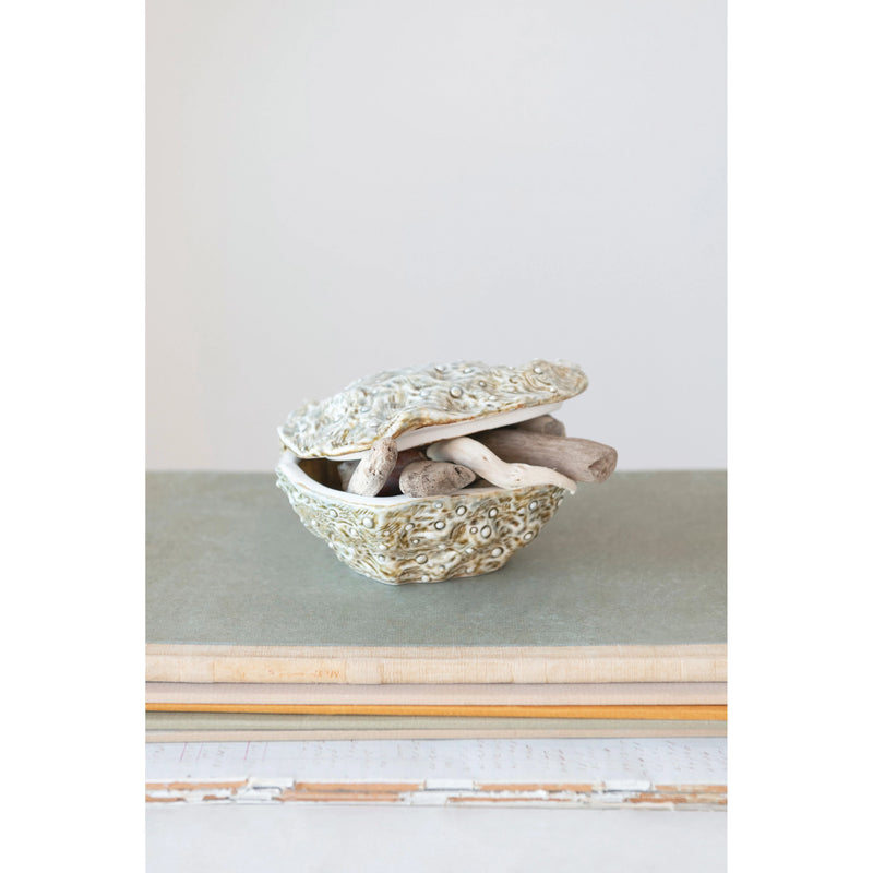 Stoneware Oyster Shell Container with Lid, Reactive Glaze
