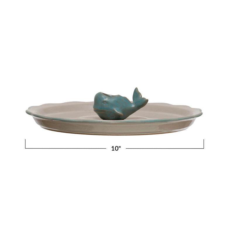 Stoneware Plate w/ Whale Toothpick Holder, Set of 2 (Each One Will Vary)