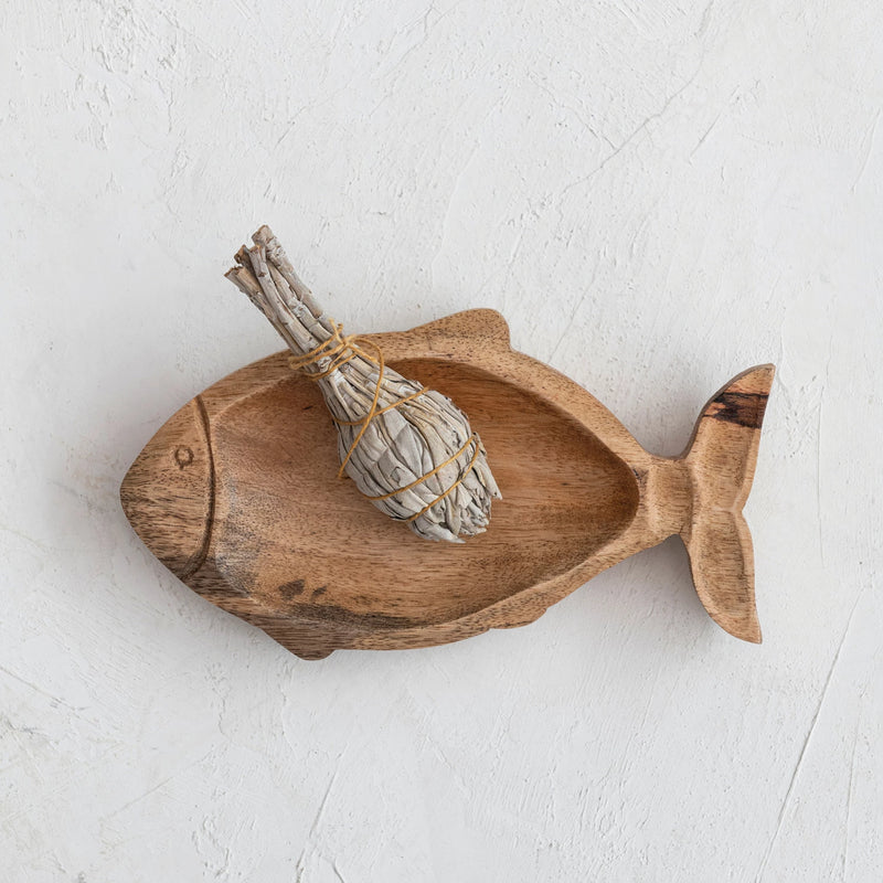 Hand-Carved Mango Wood Fish Shaped Dish, Natural (Each One Will Vary)