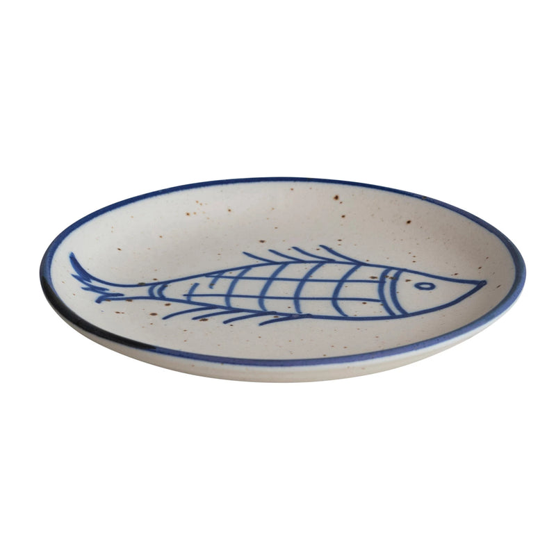 Hand-Painted Stoneware Plate w/ Fish, Blue & Cream Color Speckled