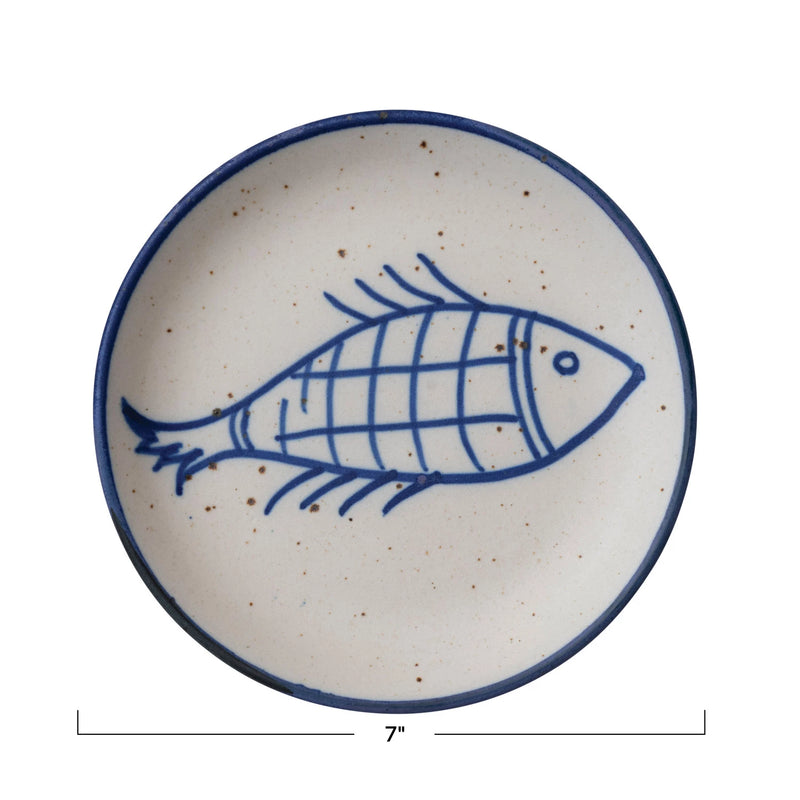 Hand-Painted Stoneware Plate w/ Fish, Blue & Cream Color Speckled