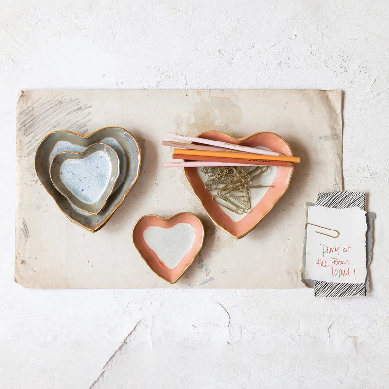Stoneware Heart Dish w/ Gold Edge, 2 Colors, 2 Sizes (Each One Will Vary)