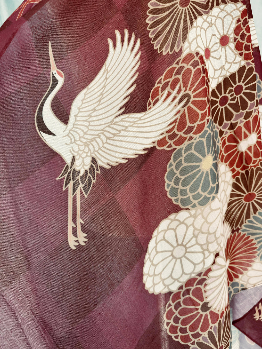 Burgundy-Multi Crane &amp; Floral Scarf