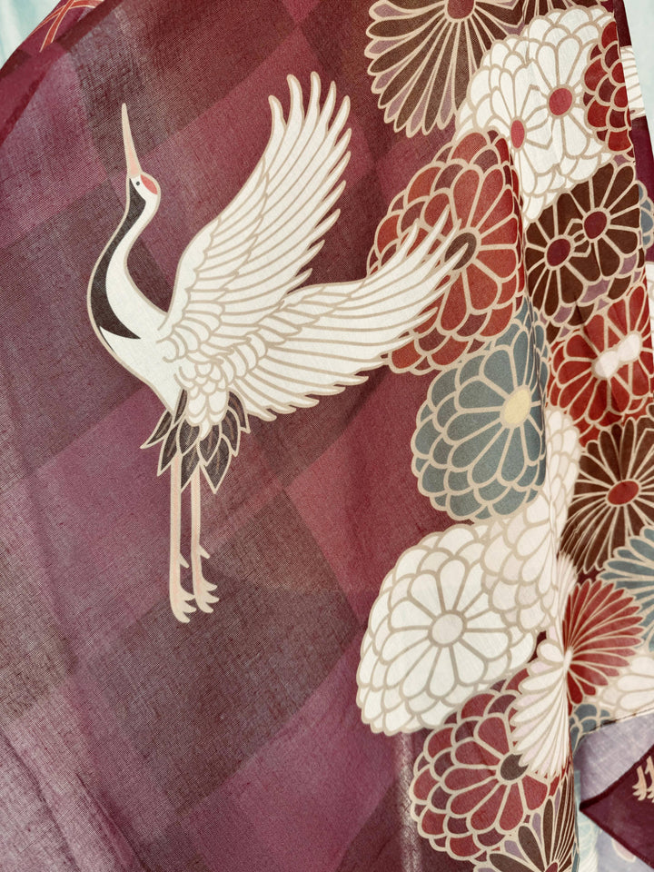 Burgundy-Multi Crane &amp; Floral Scarf