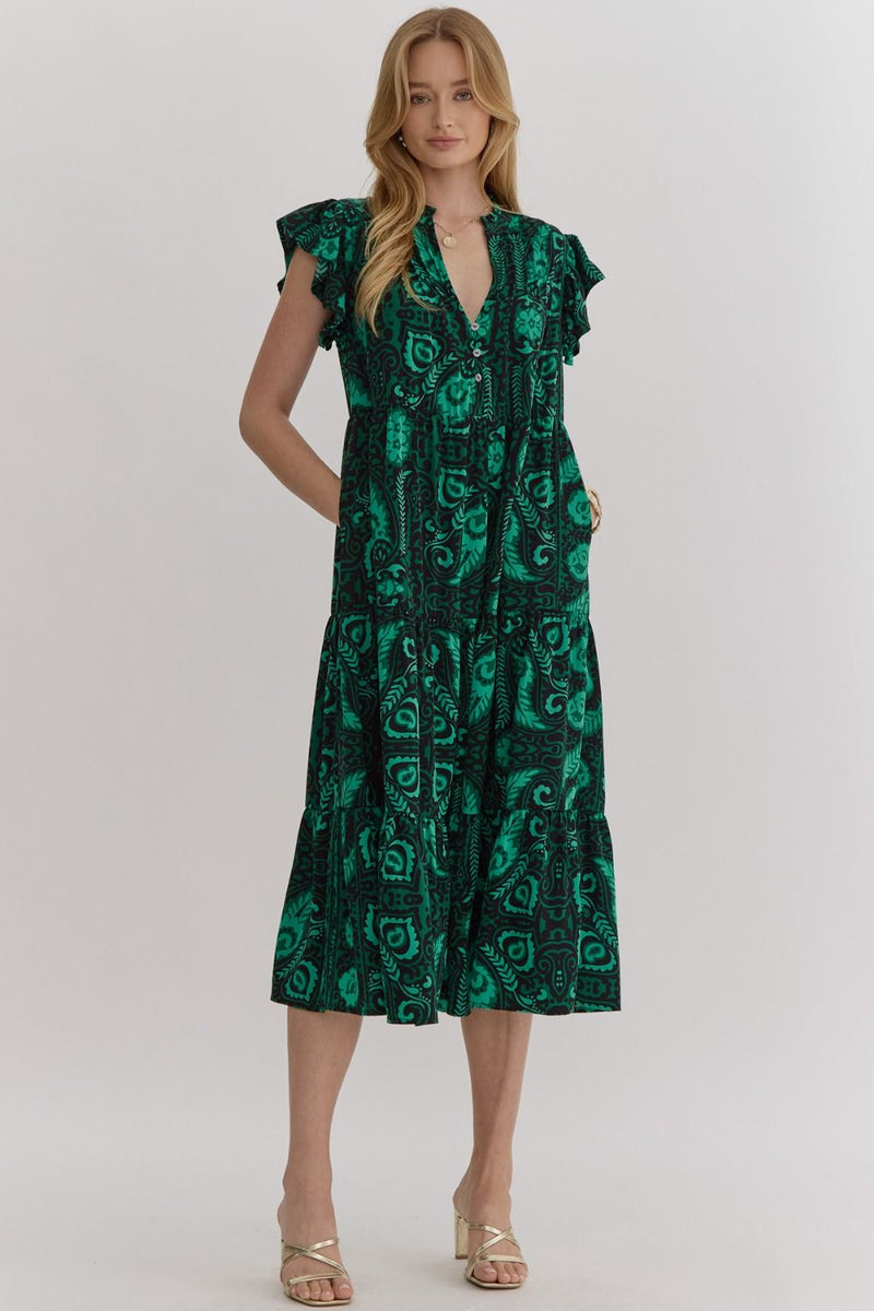 Printed Ruffle Sleeved Midi Dress - Green