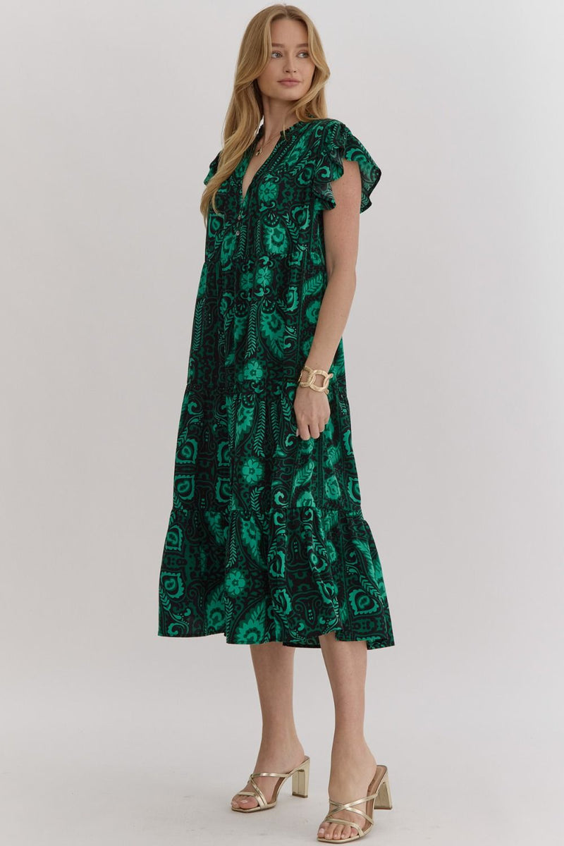 Printed Ruffle Sleeved Midi Dress - Green