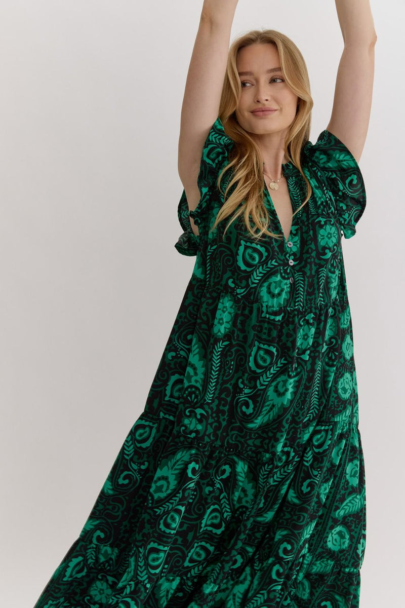 Printed Ruffle Sleeved Midi Dress - Green