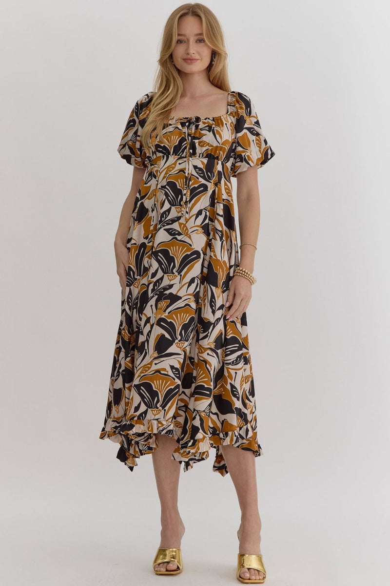 Leaf Print Bubble Sleeve Midi Dress - Black