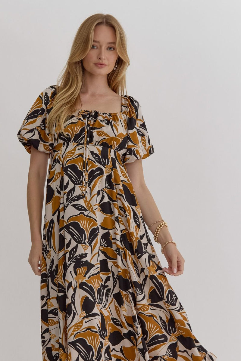 Leaf Print Bubble Sleeve Midi Dress - Black