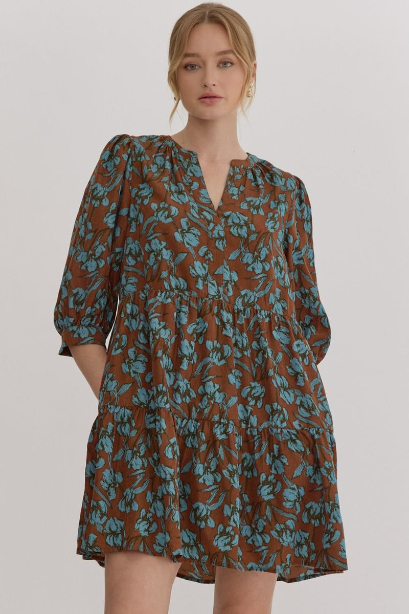 Floral Print Half Sleeve Mini Dress - Brown