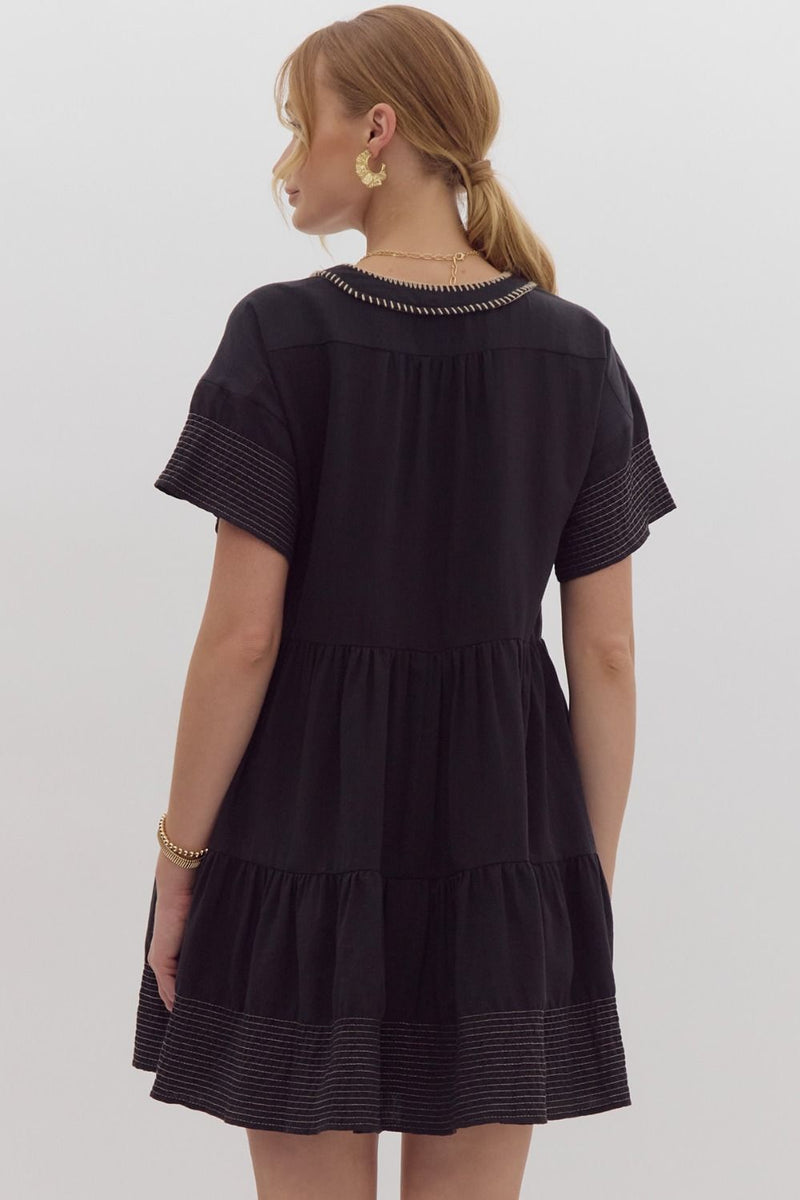 Tiered Short Sleeve V-Neck Dress - Black