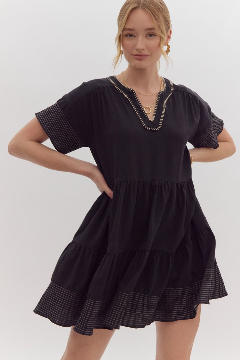 Tiered Short Sleeve V-Neck Dress - Black